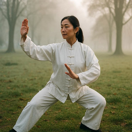 Woman practicing thai chi in the park at foggy morning.