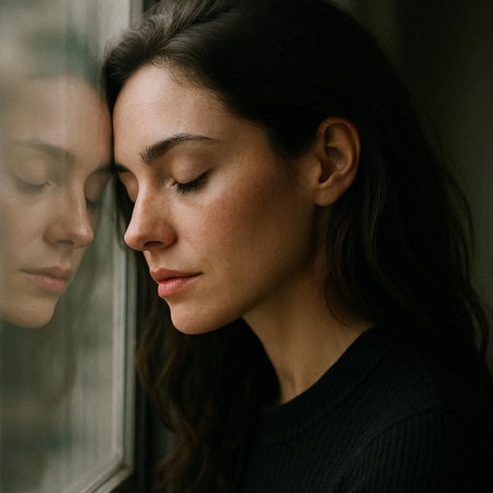 Portrait of a beautiful young woman with closed eyes near the window