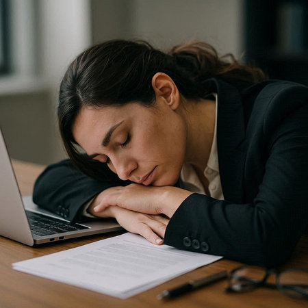 tired businesswoman sleeping on table with laptop and papers in office