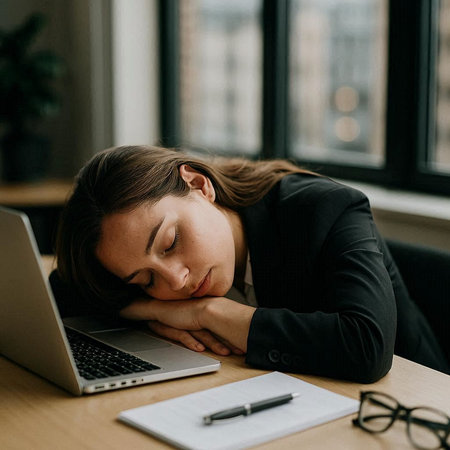 tired businesswoman sleeping at workplace with laptop and notebook in office