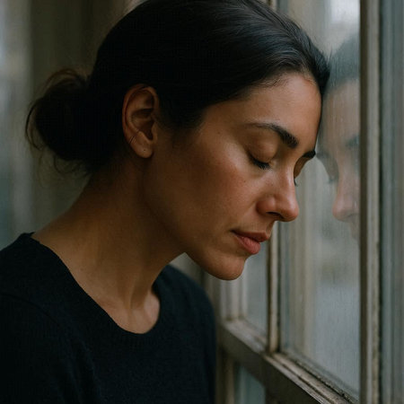 Portrait of a young woman looking out the window at home.