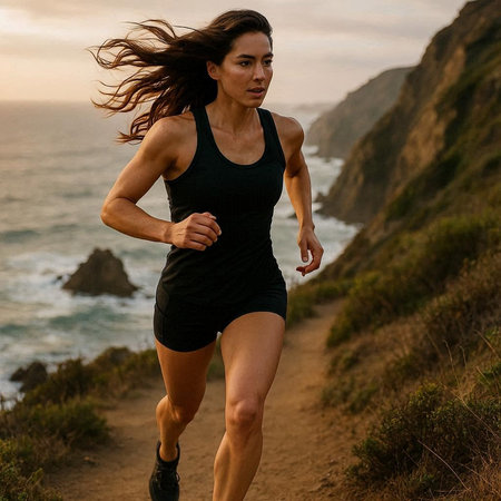 Young woman running on a mountain trail at sunset. Female runner training outdoors.