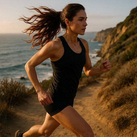 Running woman jogging on seaside trail at sunset. Female fitness model training outdoors.