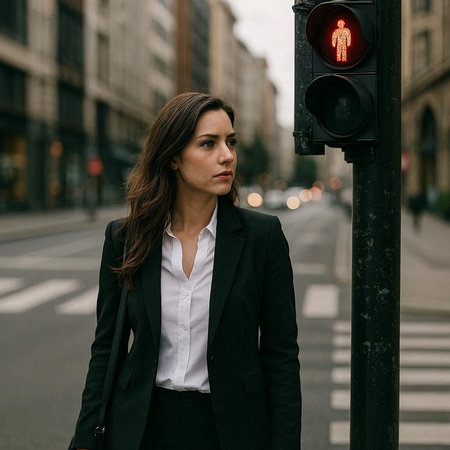 Young business woman in black suit with red traffic light in the city.