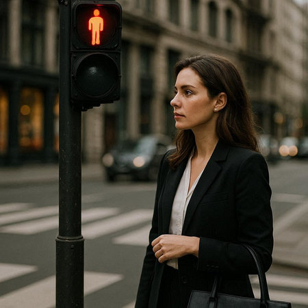 Young business woman in a black suit on the street in the city.の写真素材