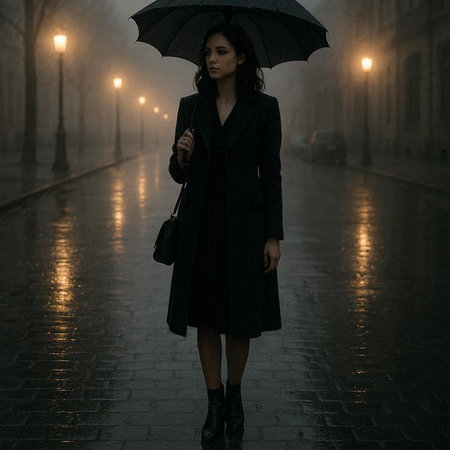 Young woman with umbrella walking in foggy street at rainy night.