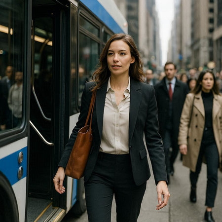 Beautiful businesswoman walking in the city with a bus in the background