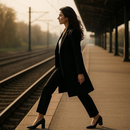 Portrait of a beautiful young brunette woman in a black business suit on the railway station