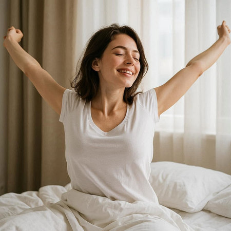 Image of a beautiful happy young woman indoors at home in bed stretching.
