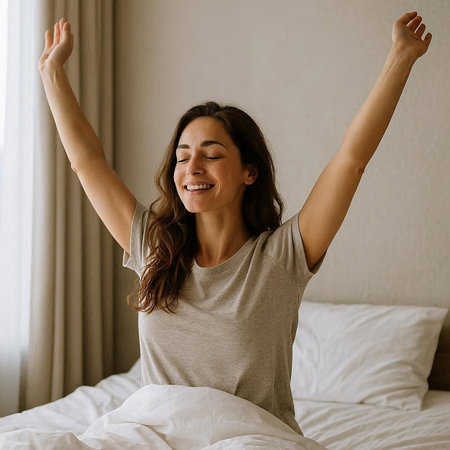 Happy young woman stretching in bed after waking up in the morning.