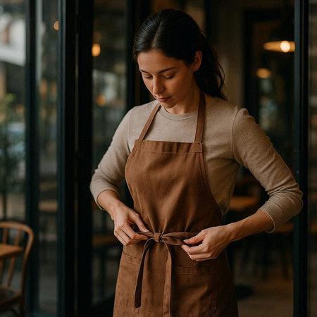 Portrait of a young woman in apron standing in cafe.