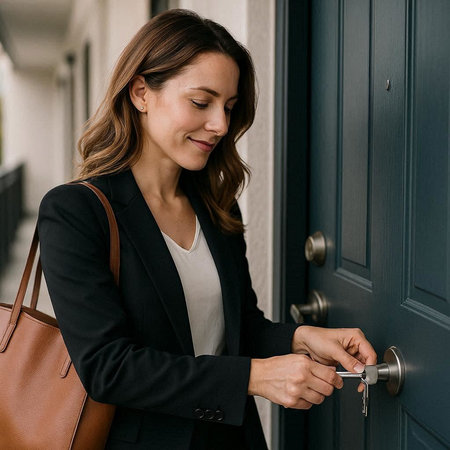 smiling businesswoman opening door with key in hand and looking away