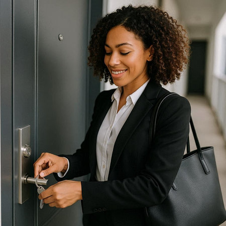 Cheerful african american businesswoman opening elevator door and smiling