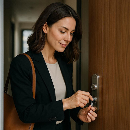 Smiling businesswoman opening door at office. Business woman entering hotel room.