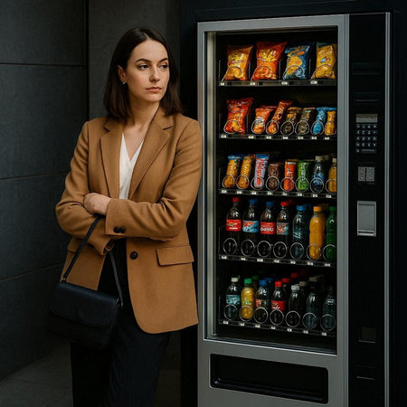 Portrait of a beautiful young brunette woman in a beige jacket standing near a vending machine with...