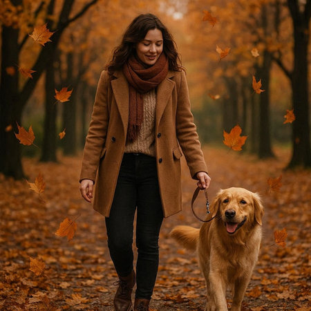 Happy young woman walking with her golden retriever dog in autumn park