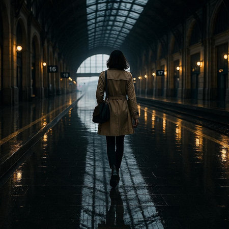 Young woman walking alone in a train station at night. Back view.の写真素材