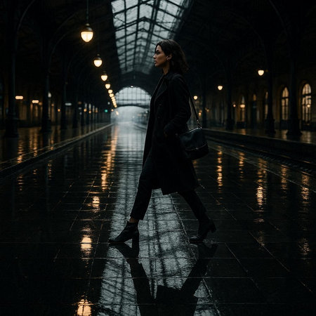 Beautiful young woman in a black coat walking in a train station