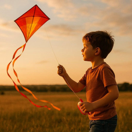 Cute little boy playing with kite in the field at sunset
