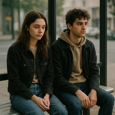 beautiful young couple sitting on bench in bus stop and looking away