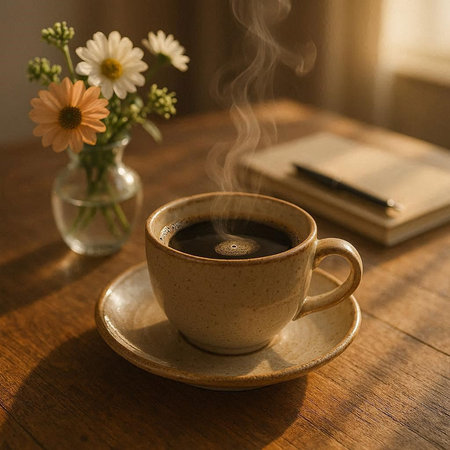 Cup of coffee on a wooden table with a book and flowers