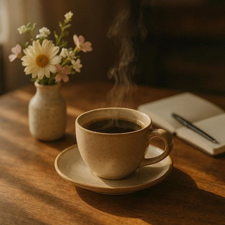 Cup of coffee with notebook and flowers on wooden table in cafe