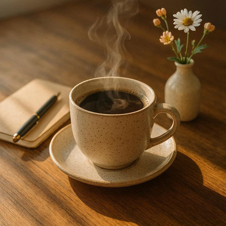 Cup of coffee with note book and flower on wooden table.