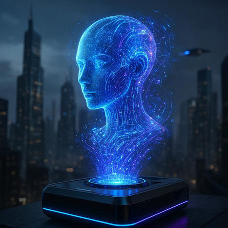 Digital artificial intelligence hologram with human head and city background. 3D Rendering