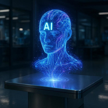 Artificial intelligence hologram with human head inside. Artificial intelligence concept. 3D...