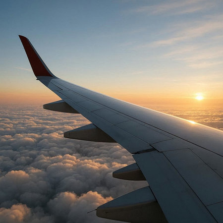 Wing of an airplane flying above the clouds at sunset. View from the plane window.