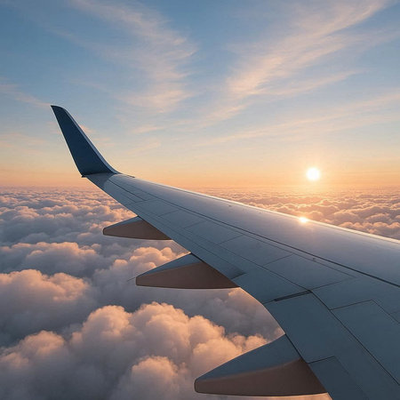 Wing of an airplane flying above clouds at sunset. 3D rendering