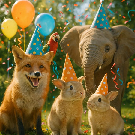 Funny foxes at birthday party with elephant in the background.