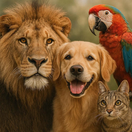 Lion, cat and dog in the park. Animal portrait.