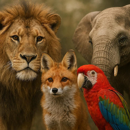 Lion, parrot and red macaw in the savannah