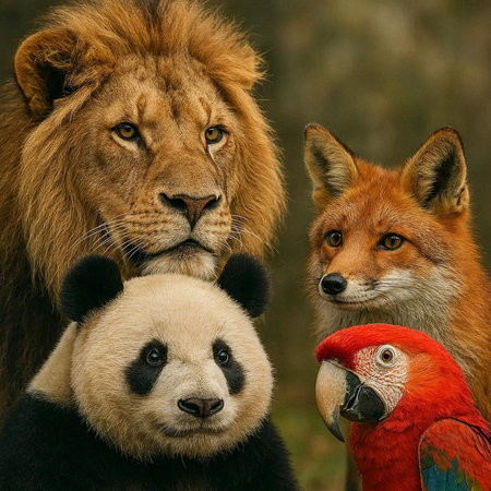 Portrait of a lion, a parrot and a panda