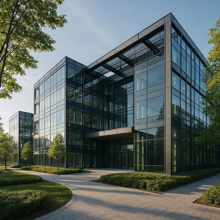 Modern office building with glass facade. Perspective view. 3d render