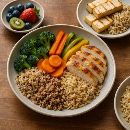 Buddha bowl with quinoa, chicken and vegetables on wooden table