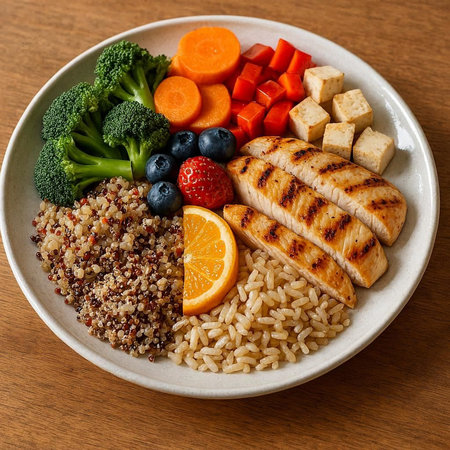 Buddha bowl with quinoa, quinoa, chicken and vegetables