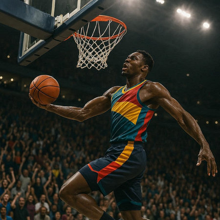 Side view of a basketball player in action on a basketball court.