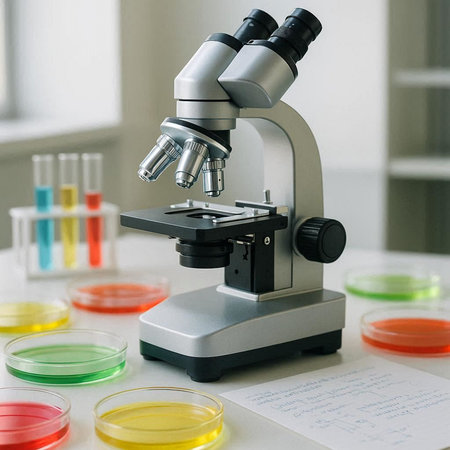 Microscope and test tubes on table in laboratory, science research and development concept