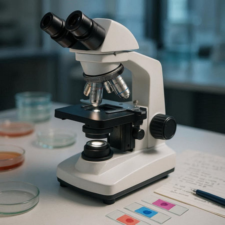 Microscope in laboratory. Scientific research and development of medicine concept.