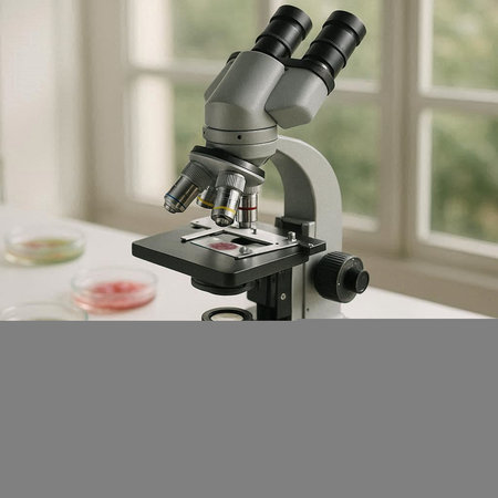 Microscope on table in laboratory, closeup. Science and education