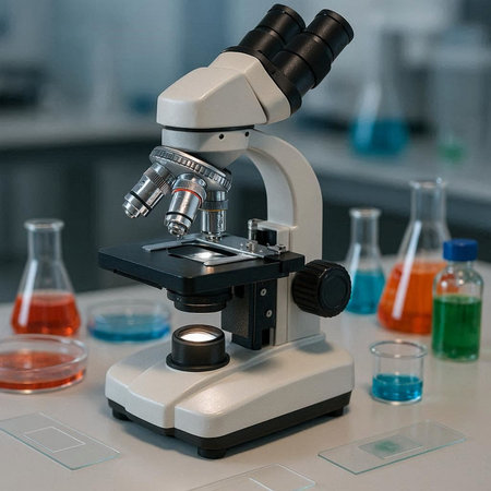Microscope on table in laboratory. Science, chemistry, biology and medicine concept