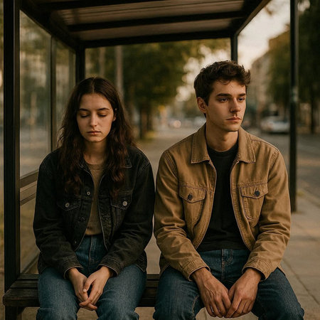Sad young couple sitting in a bus stop. Sadness concept.