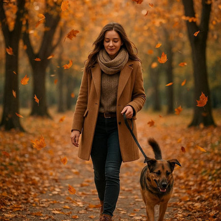 Beautiful young woman walking with a dog in the autumn park.