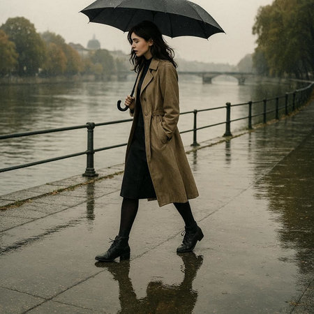 Young woman in raincoat with umbrella on the embankment.の写真素材