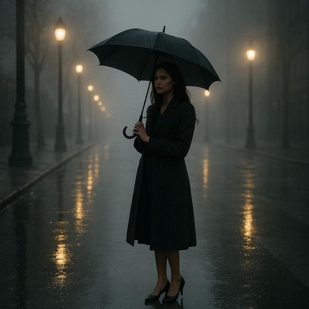 Beautiful woman with umbrella walking on rainy street at foggy nightの写真素材
