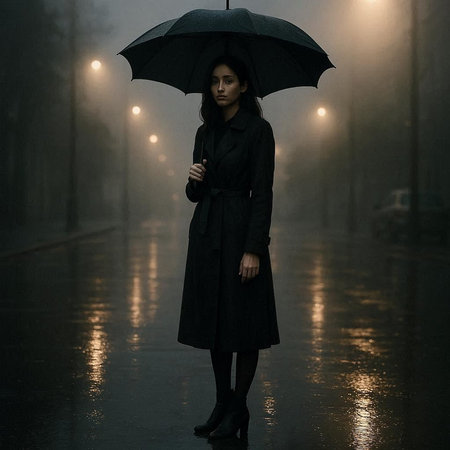 Young woman in raincoat holding umbrella and looking at camera on rainy dayの写真素材
