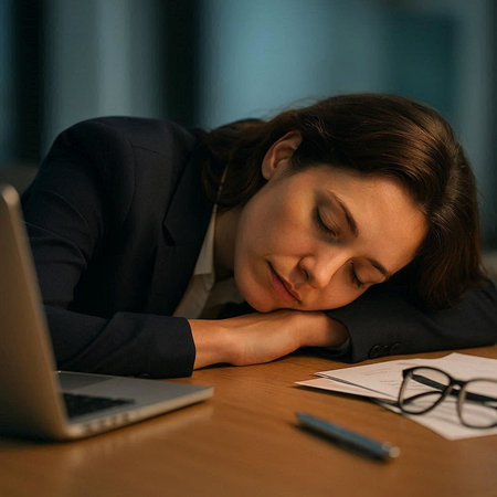Tired businesswoman sleeping on desk in office. Young businesswoman sleeping at workplace.の写真素材