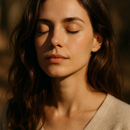 Portrait of a beautiful young woman with closed eyes and closed eyesの写真素材